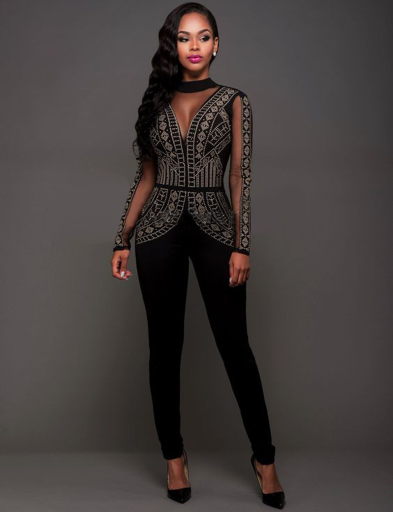 F2514 Bodycon Long Sleeve Clubwear Playsuit Long Trousers